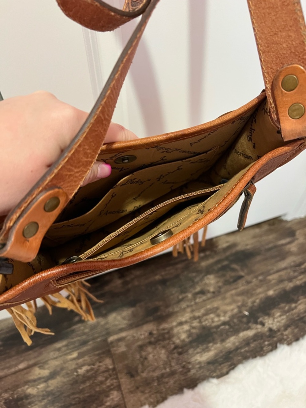 American Darling Tooled Floral Leather Fringe Crossbody - Tan/Brown - Picture 5 of 6